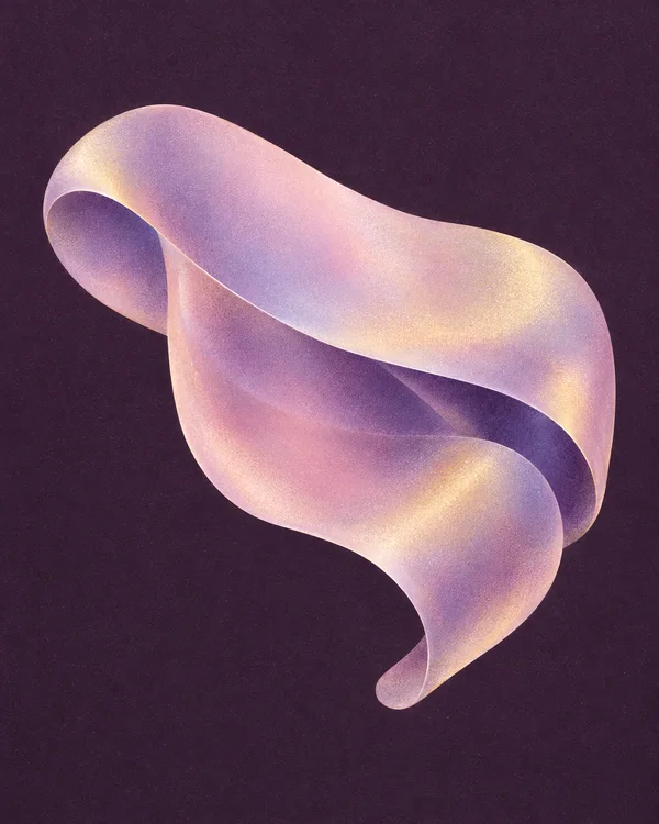 A large pale rose, lilac and muted-gold ribbon-like veil curls into an open diagonal fold against a dark aubergine, lightly grainy background.
