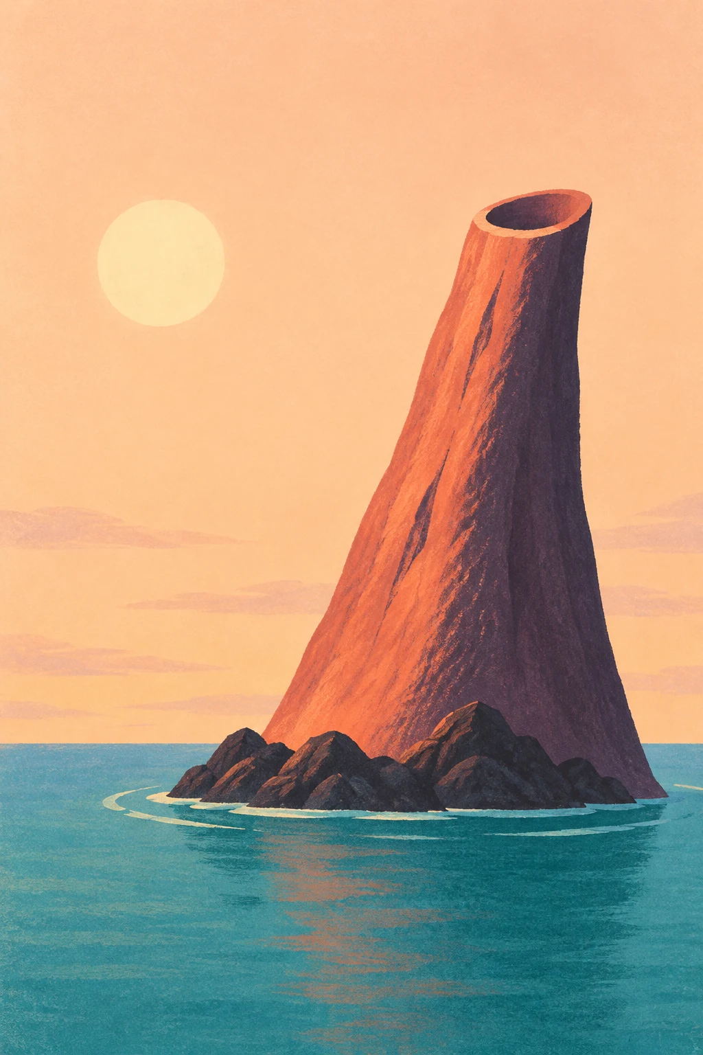 A towering coral-and-plum volcano with a broad oval crater rises from a dark rocky island in turquoise water, beneath a pale peach sky with a pale sun and…