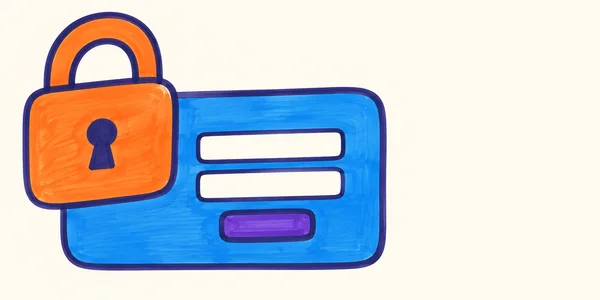 A hand-drawn illustration of a large orange padlock overlapping the upper-left corner of a blue login panel, with two empty ivory fields and a violet button…