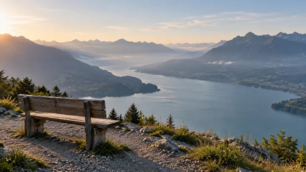 An empty weathered timber bench sits on a gravel overlook above a broad lake, with layered mountain ridges and thin valley mist in warm morning light.