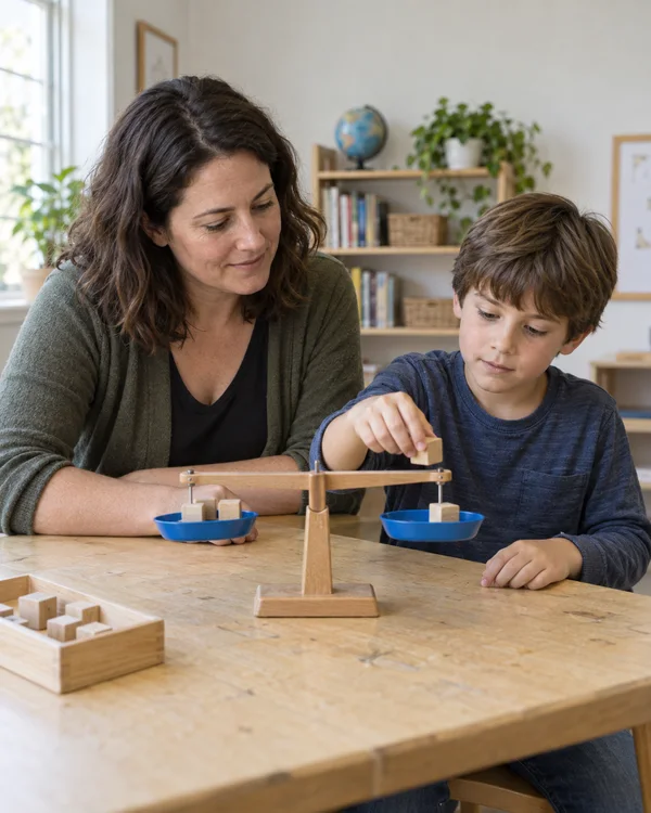 An adult woman watches a child lower a wooden cube toward a blue pan on a classroom balance scale at a birch table, with shelves and a potted plant in the…