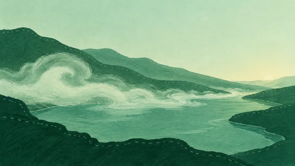 A pale jade ribbon of mist curls low over an emerald lake between dark green banks, with a small dawn sun near the horizon in a textured, hand-drawn…