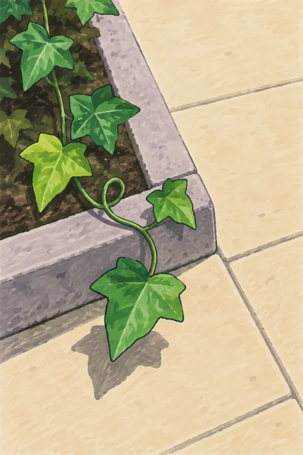 A hand-drawn marker-style illustration of an ivy runner looping from a dark soil planting bed, over a lavender-grey concrete curb and onto cream paving, with…