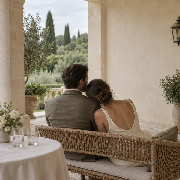 Two adults sit close together on a woven terrace bench, viewed from behind, with one resting their head on the other's shoulder.