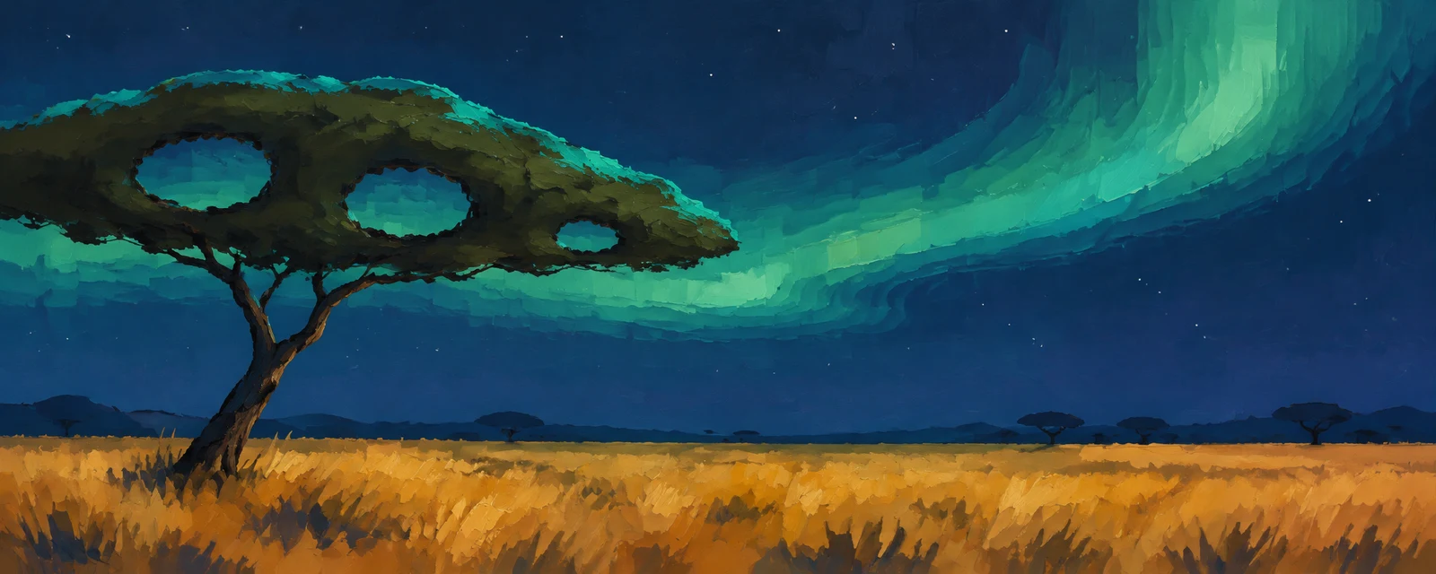 A broad-canopied acacia with three openings stands in ochre grass beneath a sweeping mint-green aurora and a starry indigo sky; small tree silhouettes line the…