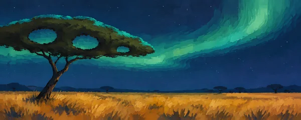 A broad-canopied acacia with three openings stands in ochre grass beneath a sweeping mint-green aurora and a starry indigo sky; small tree silhouettes line the…