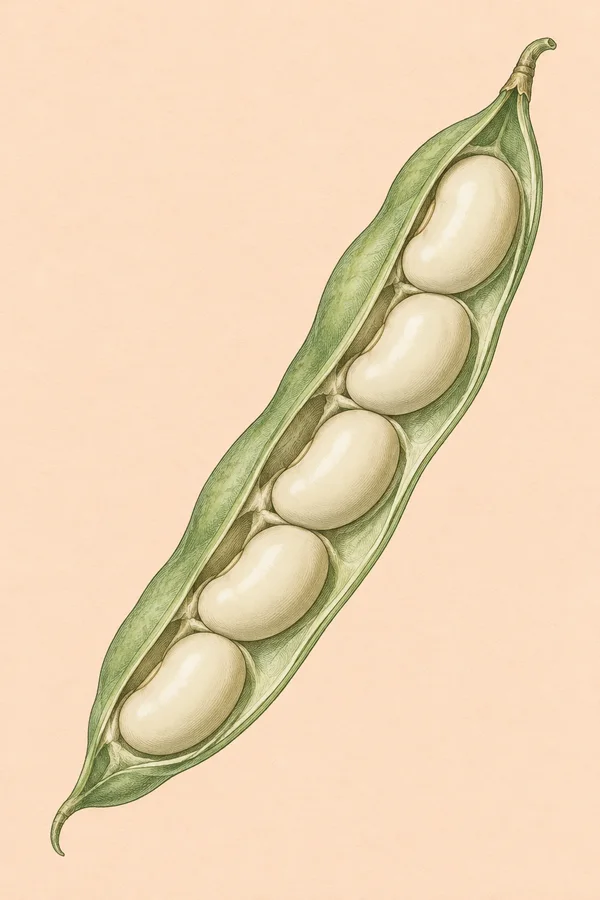 A long mint-green bean pod lies diagonally across pale peach paper, opened to reveal five plump ivory beans in a finely hatched botanical illustration.