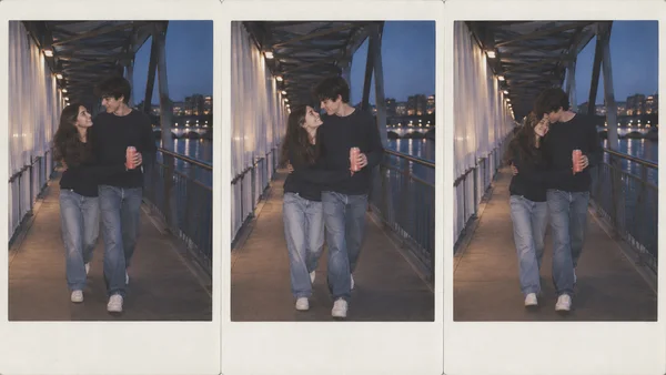A young couple walk arm in arm across a covered pedestrian bridge at blue hour in a three-frame instant-photo sequence; the man holds a plain red can, with…