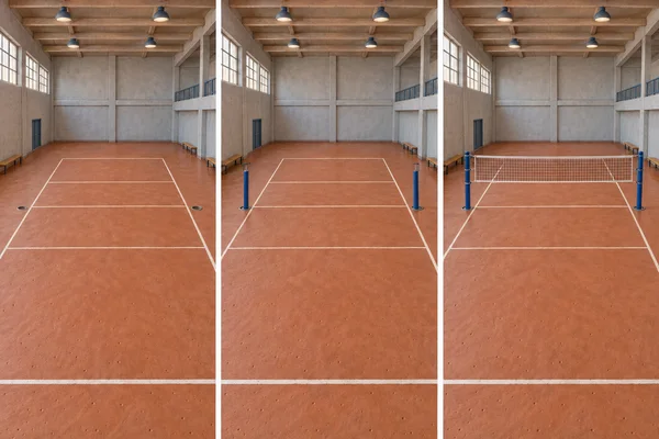 Three side-by-side views of the same terracotta-colored indoor volleyball court: the first has two empty floor sockets, the second has blue posts seated in…