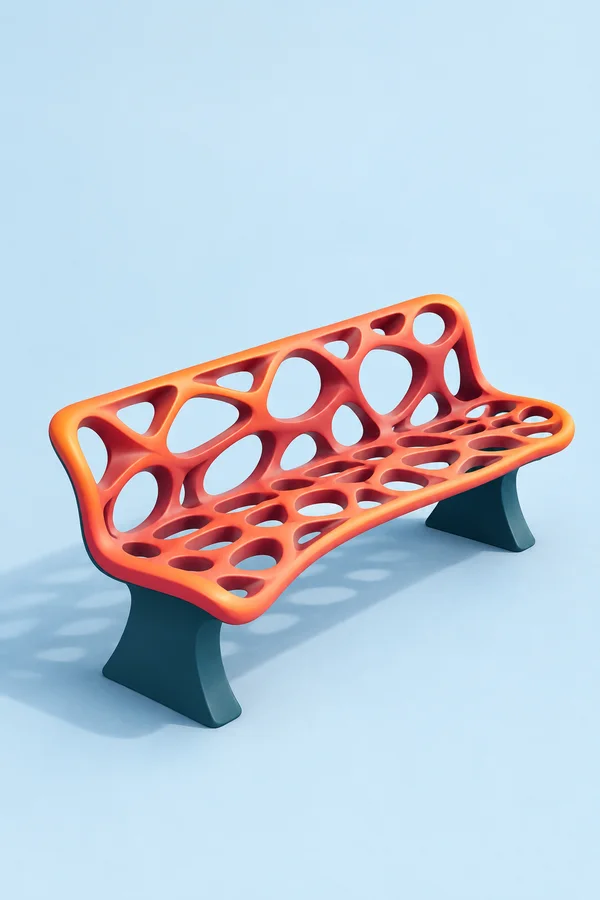 A coral-red perforated sculptural bench with two dark-teal pedestal legs sits diagonally on a pale ice-blue ground, casting a soft shadow beneath it.