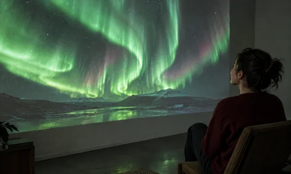 An adult in a burgundy sweater sits in profile on a low chair, watching green aurora footage projected across a textured wall in a dim room.