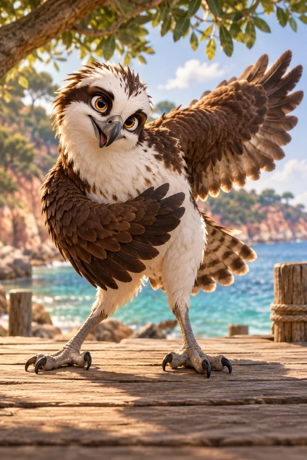 A wide-eyed, white-and-brown osprey character leans forward with one wing swept across its chest and the other fanned behind it on a sunlit wooden dock, with…