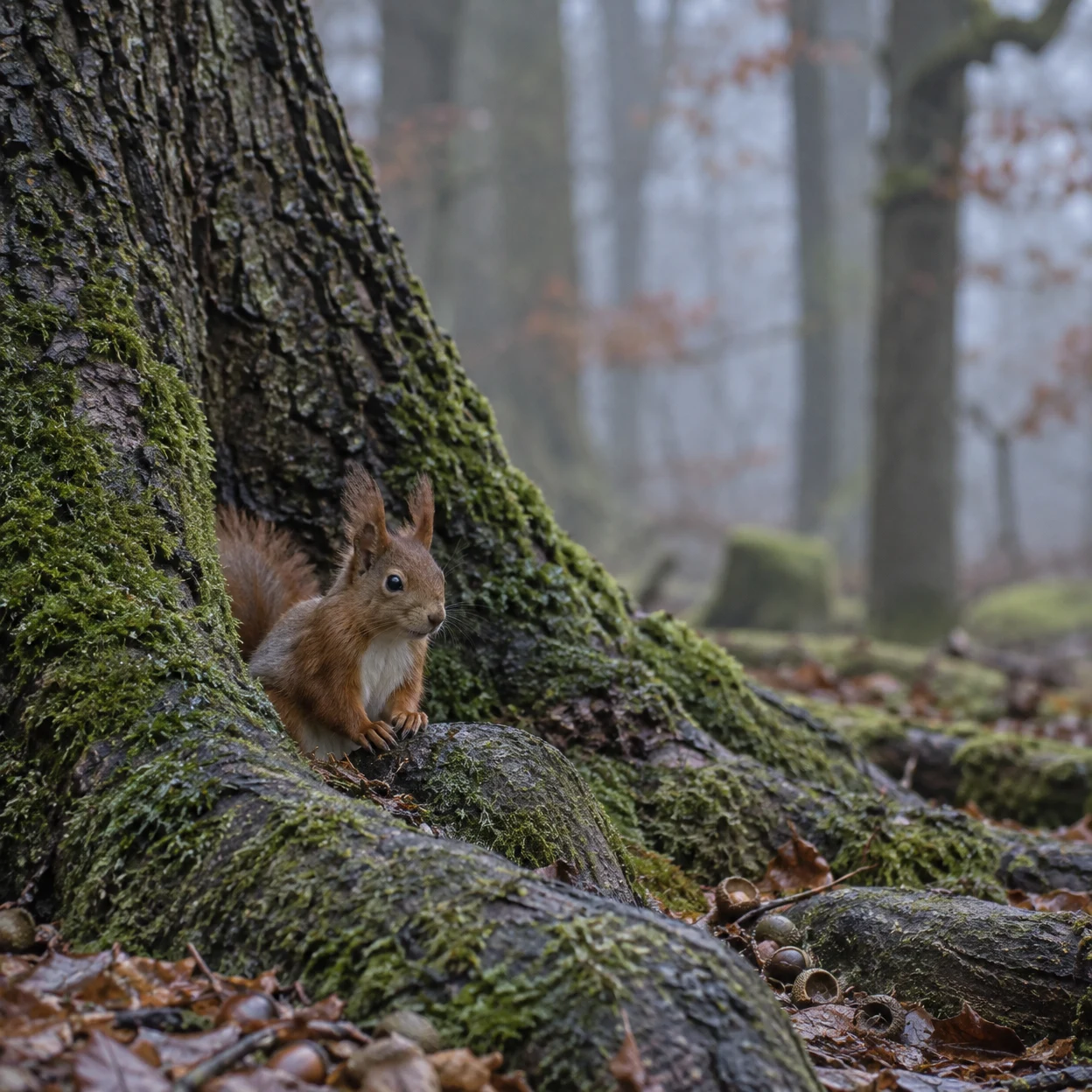 A red squirrel sits with its forepaws on a moss-covered oak root, surrounded by dark bark, leaf litter and acorn caps, with softly blurred woodland trunks…
