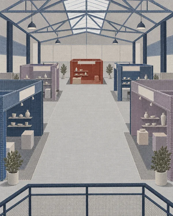A textile-style illustration of a trade fair hall seen from above its entrance railing, with a broad pale aisle leading between muted blue and lilac exhibition…