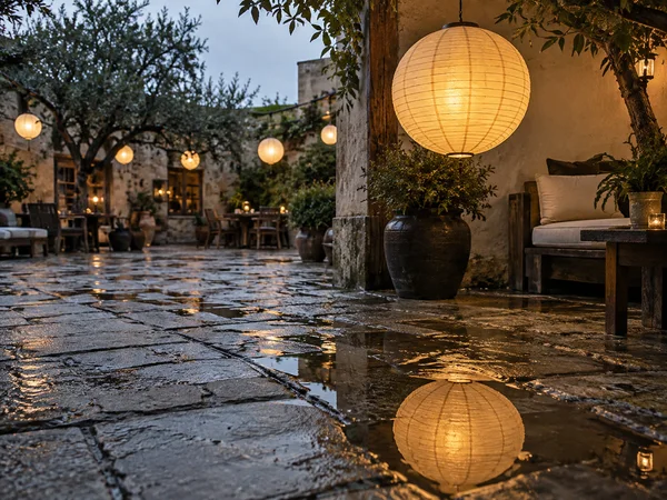 A large glowing paper lantern hangs beside a cushioned courtyard seating alcove, with its amber reflection in a puddle on wet stone paving; smaller lanterns…