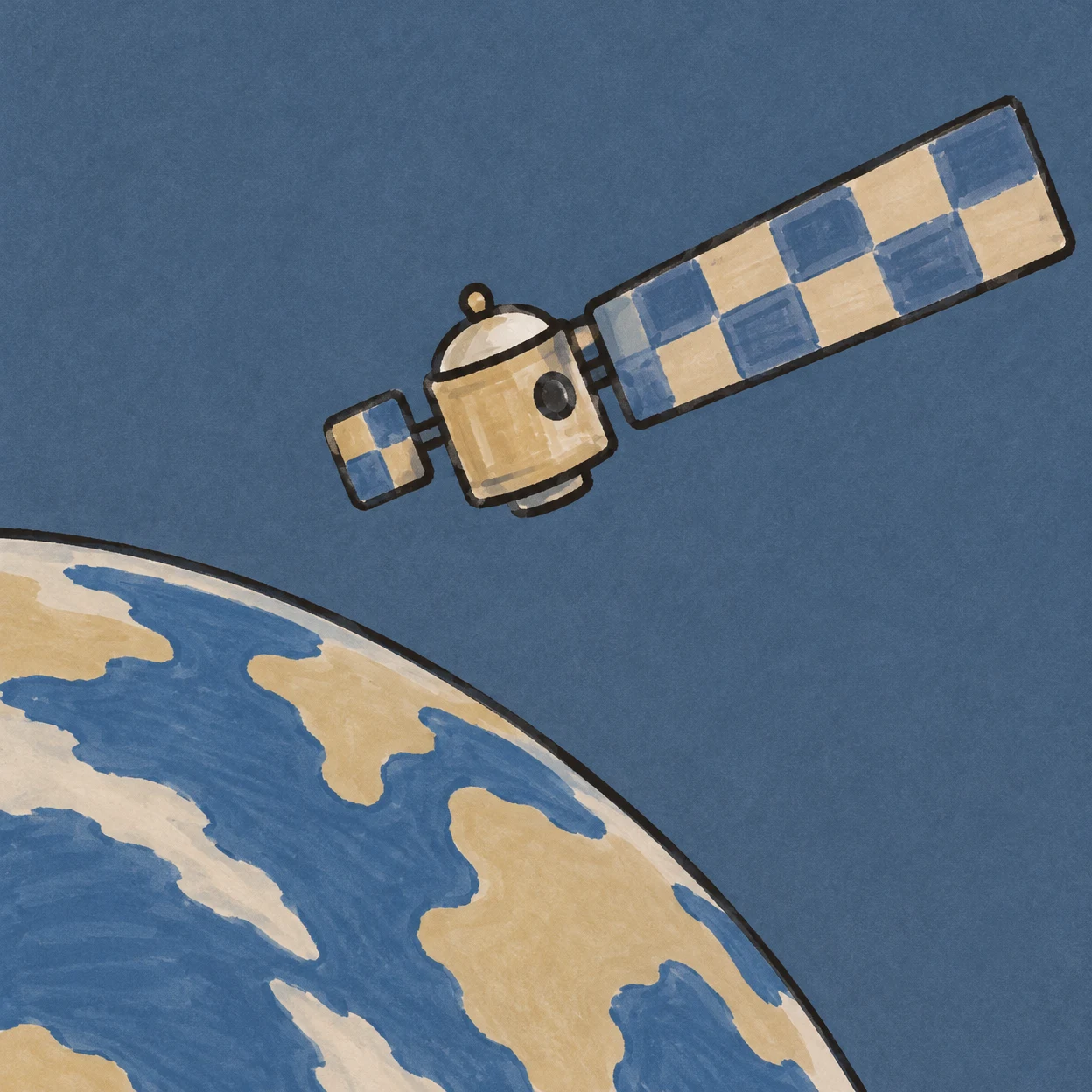 A hand-drawn satellite with a sand-coloured capsule body and blue-and-sand checkered wings floats diagonally above a large curved patchwork Earth on a textured…