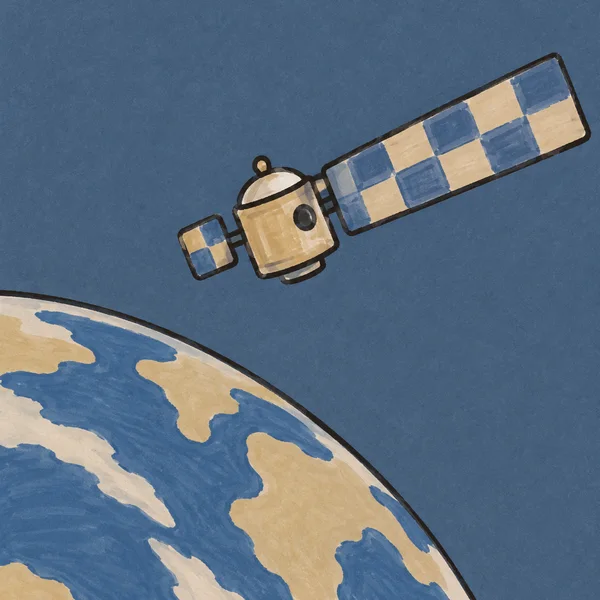 A hand-drawn satellite with a sand-coloured capsule body and blue-and-sand checkered wings floats diagonally above a large curved patchwork Earth on a textured…