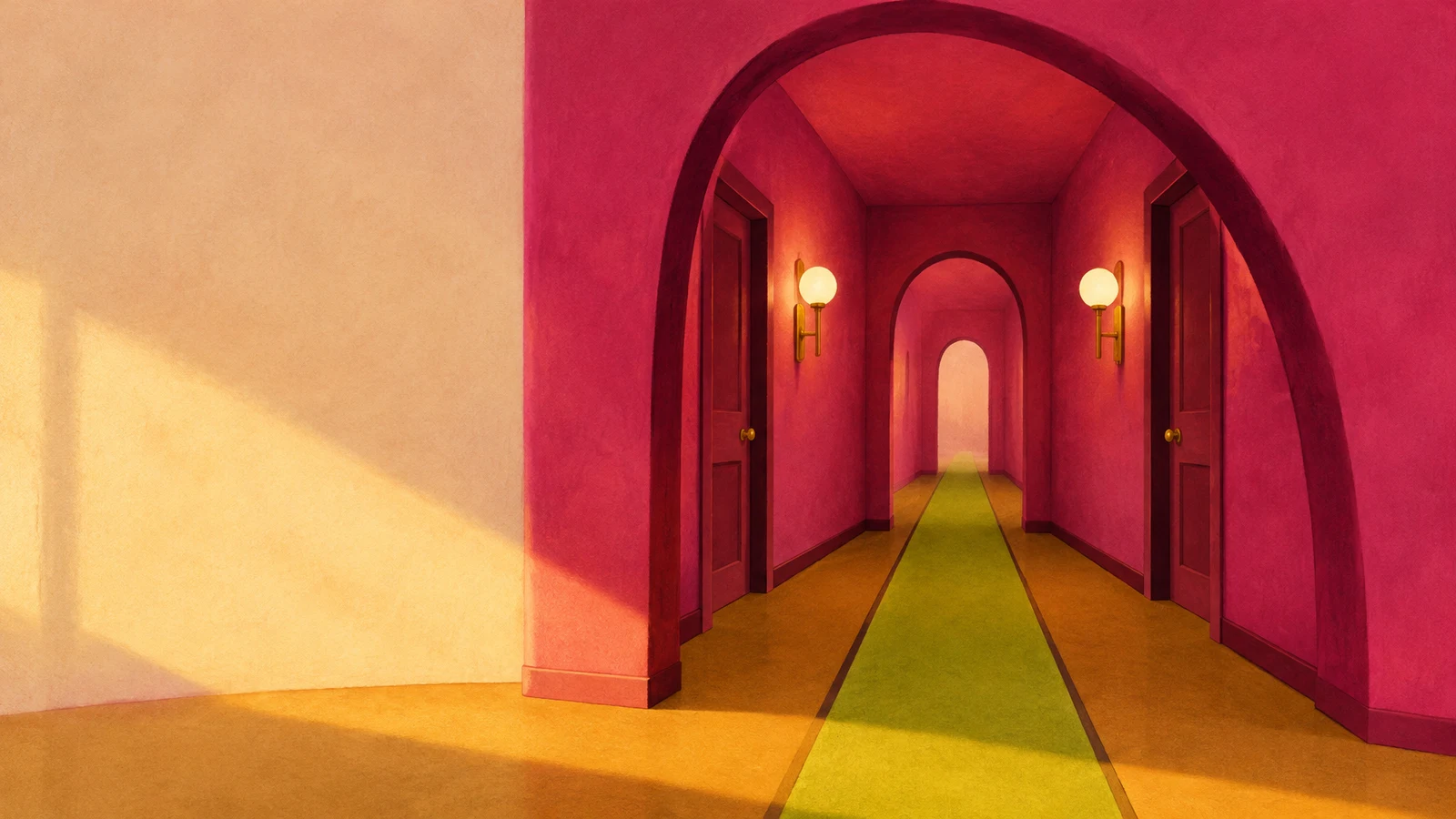 A vivid fuchsia hotel corridor recedes through a large rounded arch, with closed dark doors, two glowing brass sconces, a lime runner and warm sunlight across…