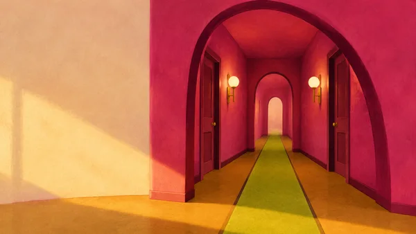 A vivid fuchsia hotel corridor recedes through a large rounded arch, with closed dark doors, two glowing brass sconces, a lime runner and warm sunlight across…