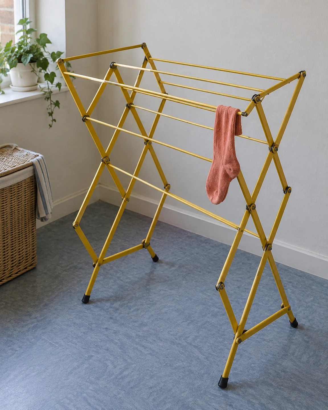 A yellow metal accordion drying rack stands open on blue-grey linoleum against an off-white wall, with a coral sock draped over one rail.