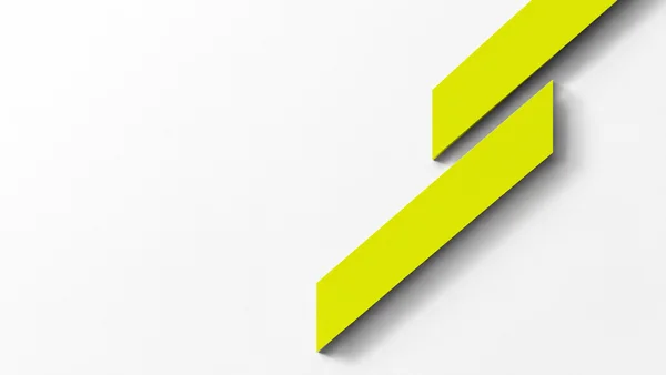 Two bright acid-yellow angular planes rise diagonally across the right half of a white field, separated by dark shadows, with broad empty space on the left.