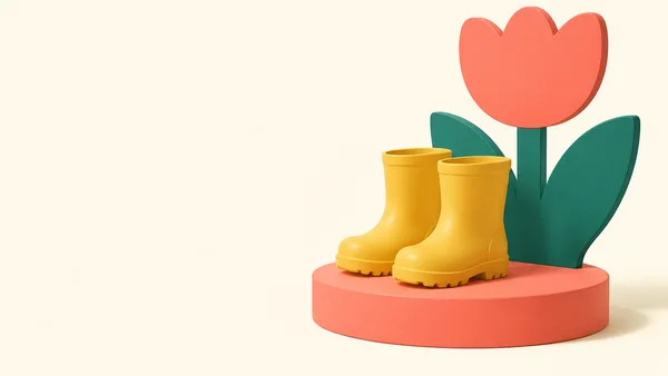 A pair of chunky mustard-yellow rain boots sits on a broad coral plinth in front of a large coral tulip display with a deep-teal stem and two leaves; the…