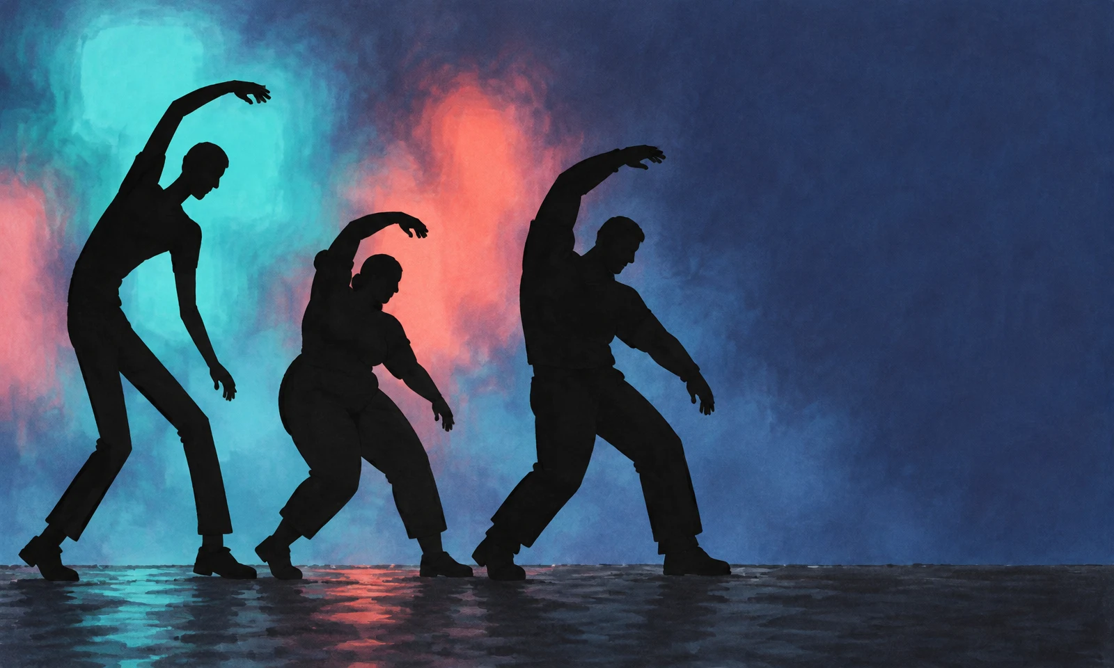 Three black dancer silhouettes lean and step to the right on a dark pavement strip, against a textured indigo background with glowing cyan and coral patches…