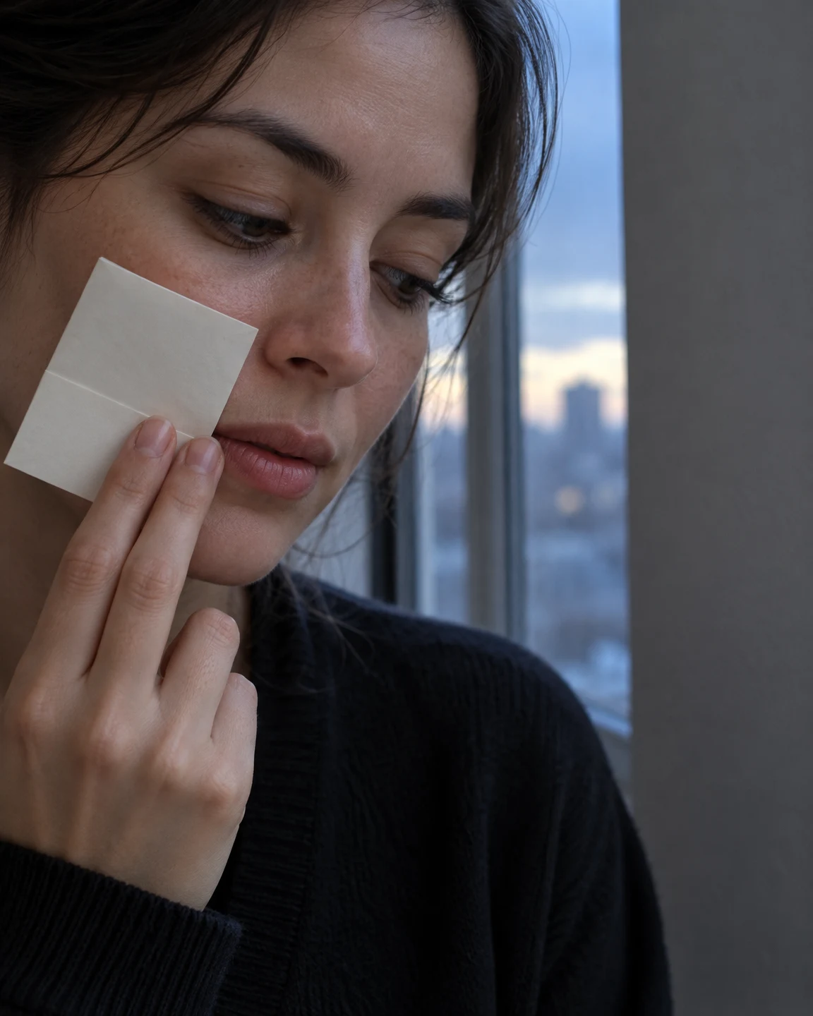A close three-quarter portrait of an adult looking downward while holding a blank folded cream note against their cheek beside a window, with a muted grey wall…