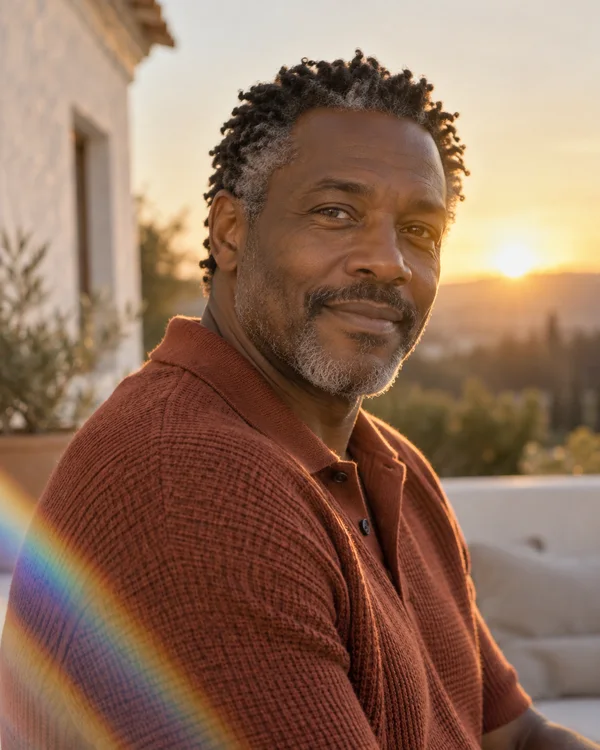 A salt-and-pepper-haired man in a rust-colored knit collared shirt sits on a terrace at sunset, looking toward the camera as warm light outlines his face and…