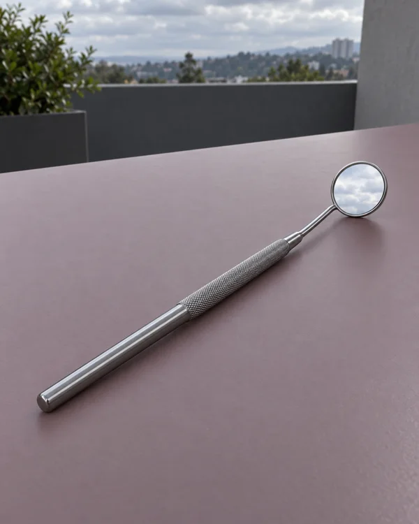 A stainless-steel dental mirror lies diagonally across a dusty-mauve terrace surface, reflecting a cloudy sky; a dark terrace wall, foliage and a distant city…