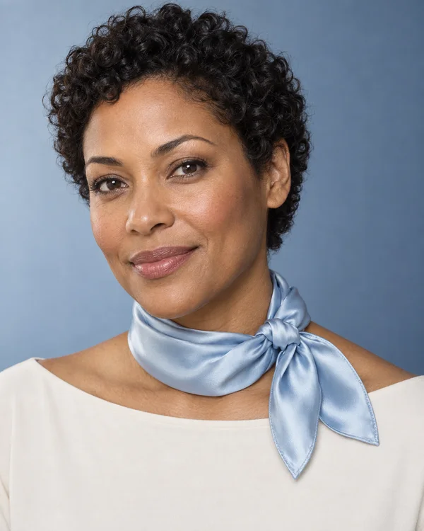 A close studio portrait of a woman with short dark curls wearing a glossy ice-blue silk scarf tied at the side over an ivory boatneck top, against a blue-gray…