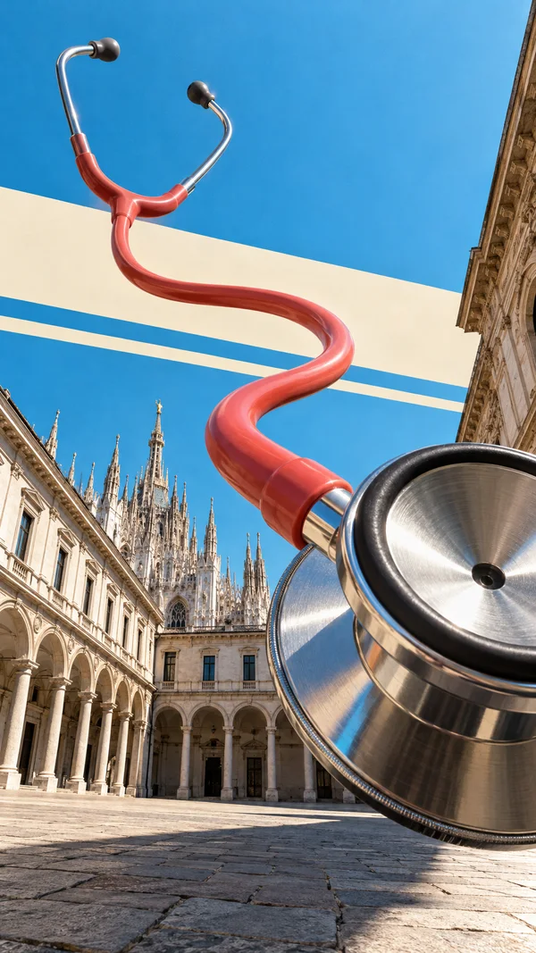 An oversized coral-red stethoscope arcs across a sunlit stone courtyard, with its large polished diaphragm cropped at the lower right and metal ear tubes at…