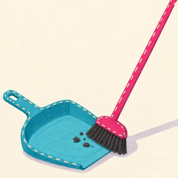 A cyan dustpan with a short left-pointing handle sits on an ivory floor as a hot-pink broom angles in from the upper right, its dark bristles over charcoal…