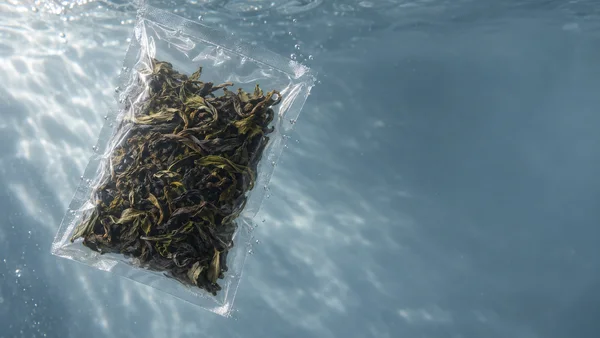 A transparent sealed pouch filled with curled olive-green and brown tea leaves hangs diagonally in blue-grey water, with small bubbles along its edges and…