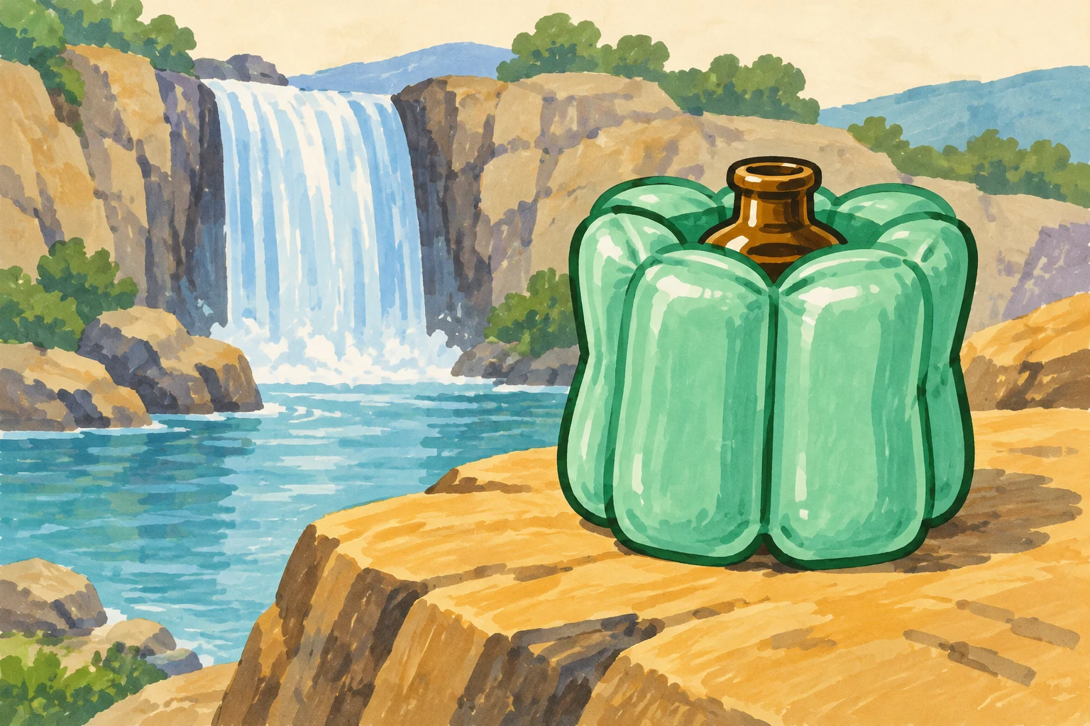 A mint-green inflatable sleeve with four rounded chambers surrounds an amber glass bottle on a broad ochre rock ledge.