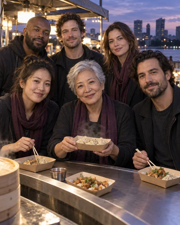 Six adults pose around a stainless-steel night-market counter, with an older woman in the center holding a paper tray of dumplings.