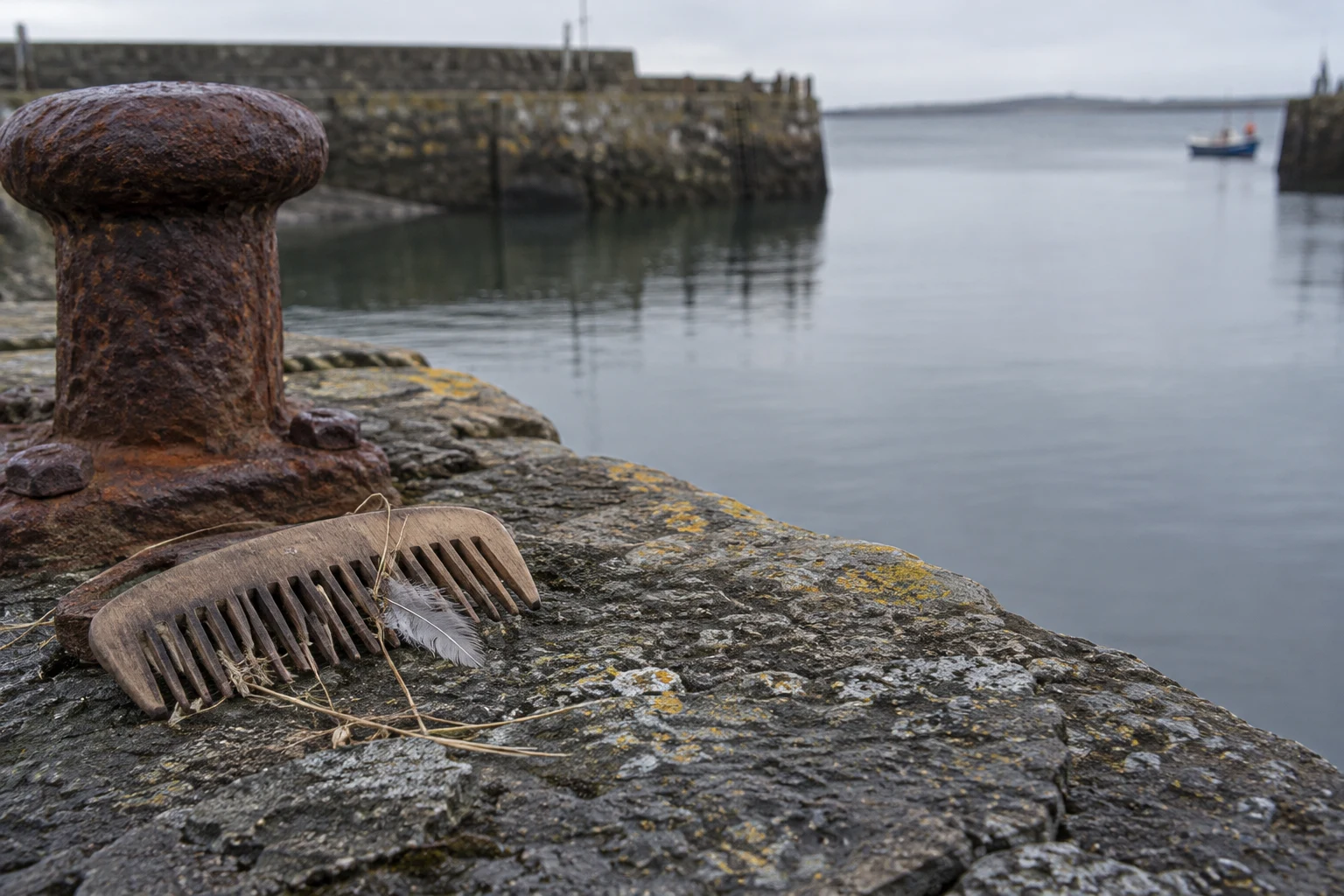A weathered wooden comb with pale grass strands and a grey feather rests on a lichen-covered stone harbour quay beside a large rusted mooring bollard, with…