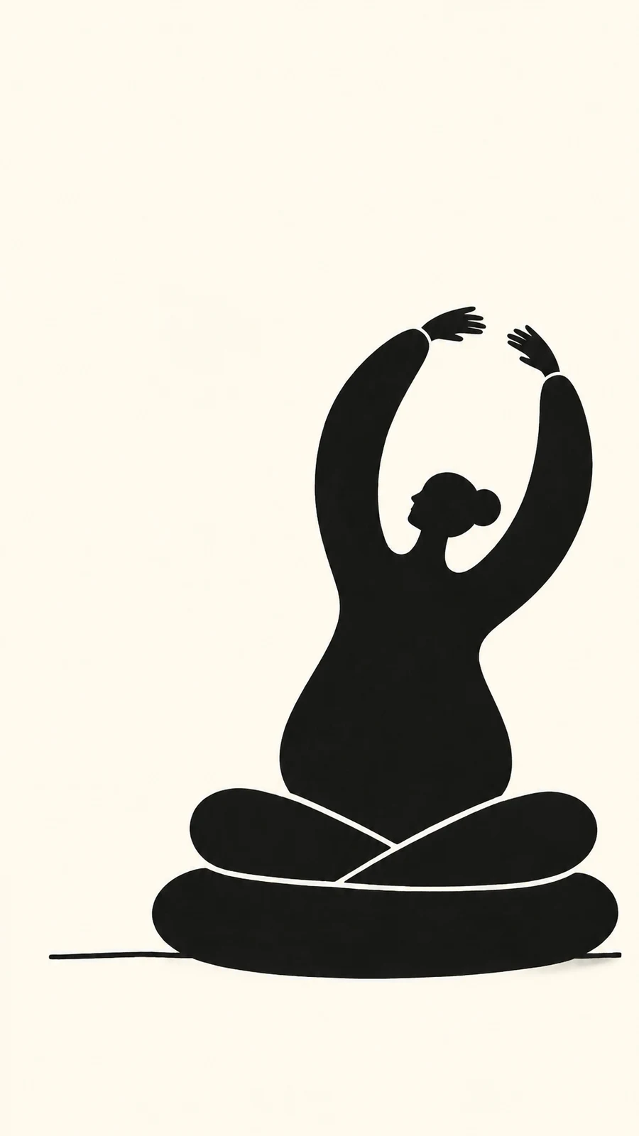 A black cut-paper-style figure sits cross-legged on a wide oval cushion and stretches both arms overhead against a warm ivory background, with a short floor…