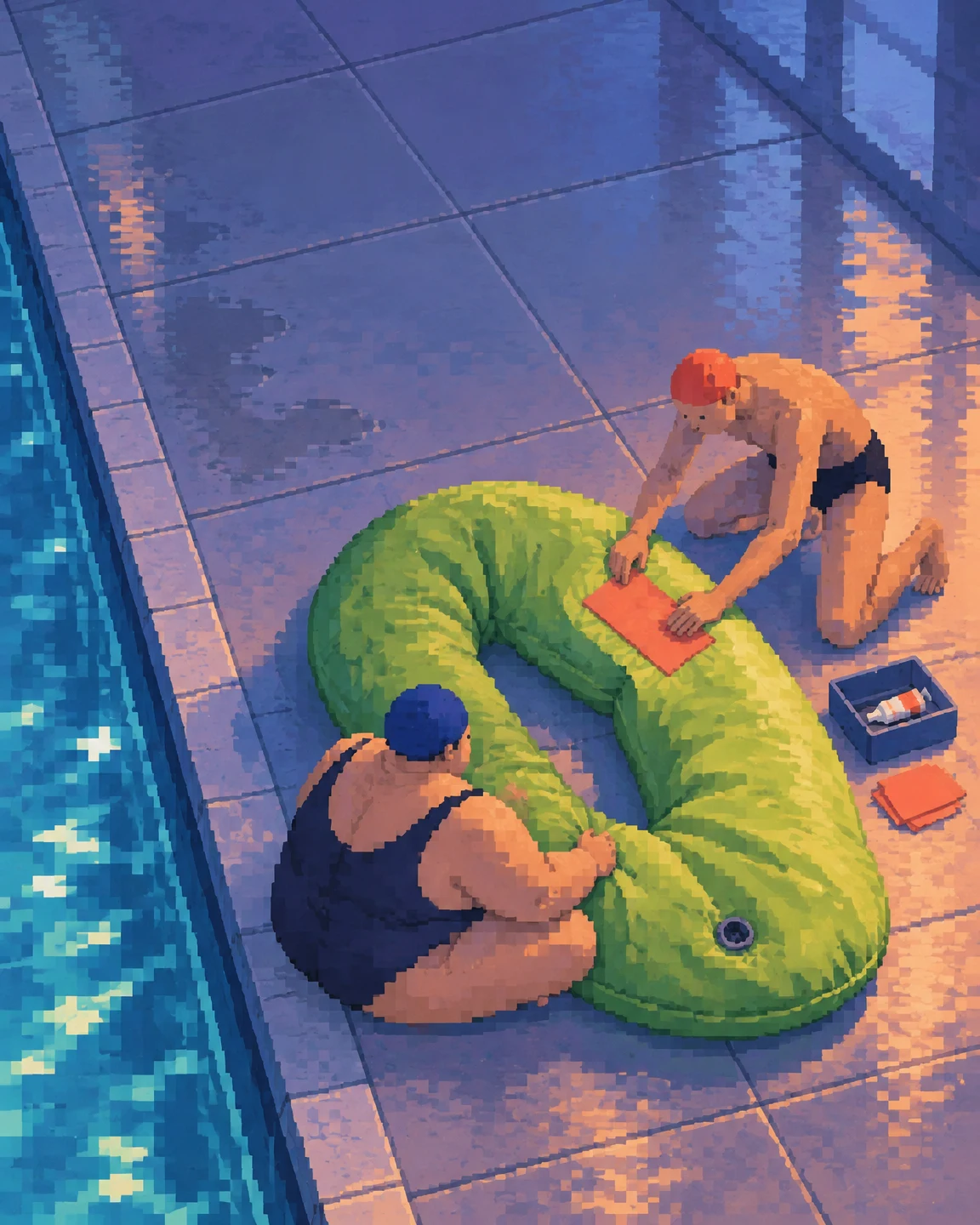 Overhead editorial-style illustration of two swimmers working on a large lime-green inflatable pool float on a tiled indoor pool deck.