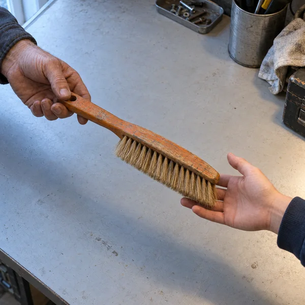 Two cropped hands pass a worn orange wooden brush with tan bristles over a scratched pale gray workbench; a metal tray, tool canister, cloth, and dark toolbox…