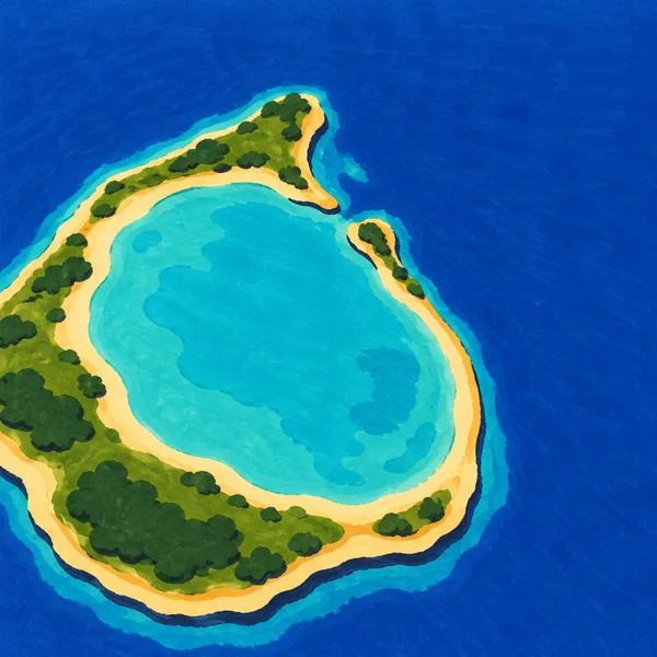 An illustrated aerial view of a turquoise lagoon enclosed by a curved island with ochre beaches and clustered green vegetation, surrounded by deep-blue ocean.