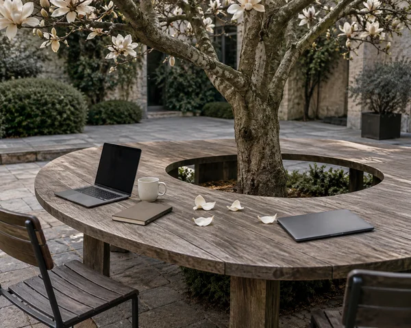 A weathered curved wooden table encircles a magnolia tree in a stone courtyard.