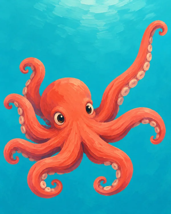 A bright coral-orange octopus with large eyes faces forward, its eight curled arms spread across a turquoise underwater background; pale suckers line the arms.