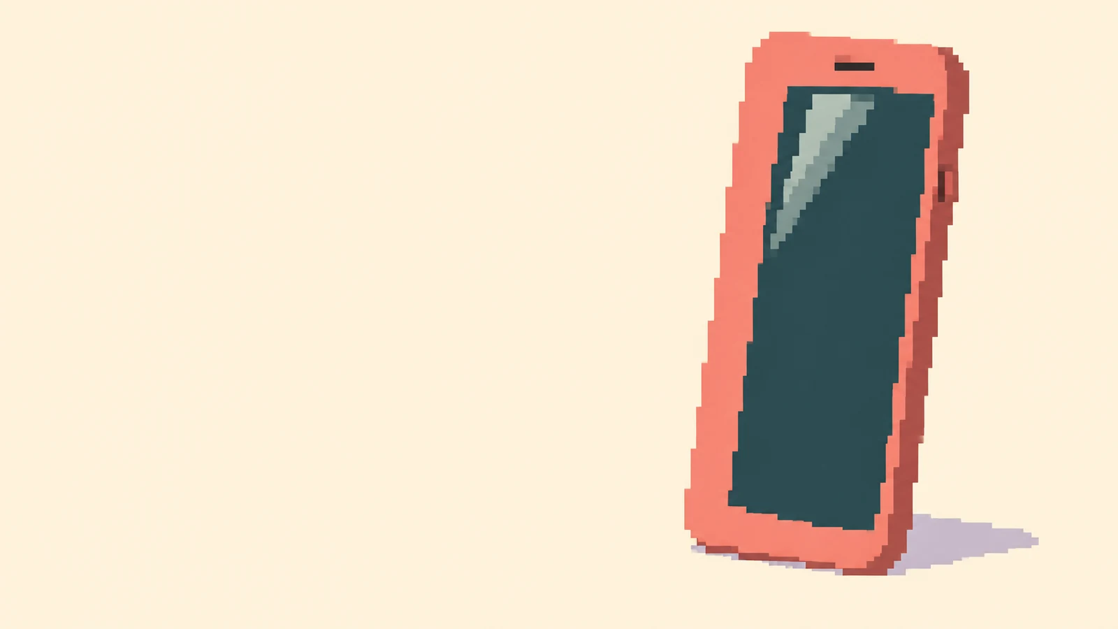 A tall coral smartphone stands upright on its bottom edge in the right third of a warm cream scene.
