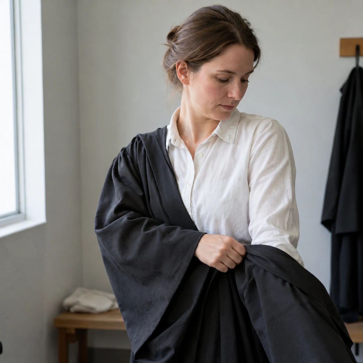 A woman in a white shirt looks down as she holds a charcoal robe draped over one shoulder in a softly lit changing room.