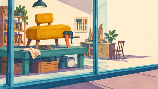 A very broad mustard chair with a small backrest sits on a teal workbench inside a furniture-reuse workshop, its coral front leg held by a dark clamp.