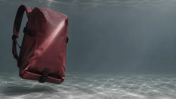 A burgundy backpack hangs underwater above a pale textured floor, with its shoulder straps visible along the left side and a diagonal band of light across its…