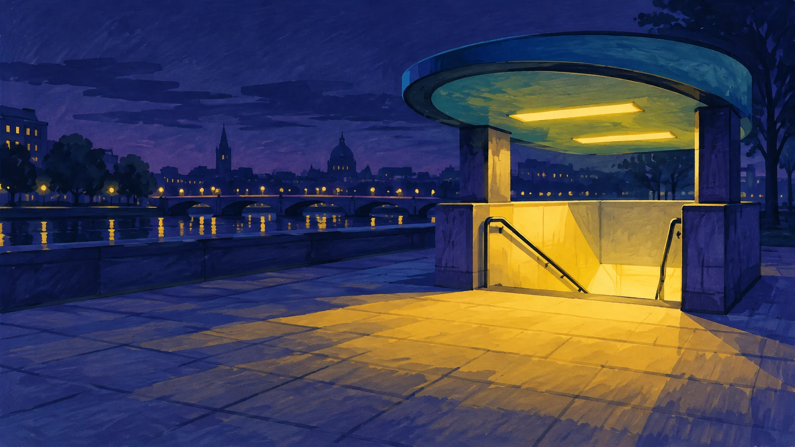 A curved-canopy stair entrance glows yellow on a broad paved riverside walkway at dusk, with a bridge, water, trees and city buildings in the background.