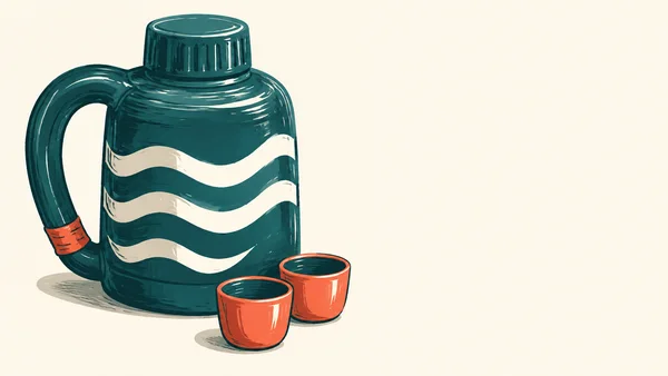 A large deep teal thermos with a short screw cap and oversized loop handle stands on a warm ivory background.