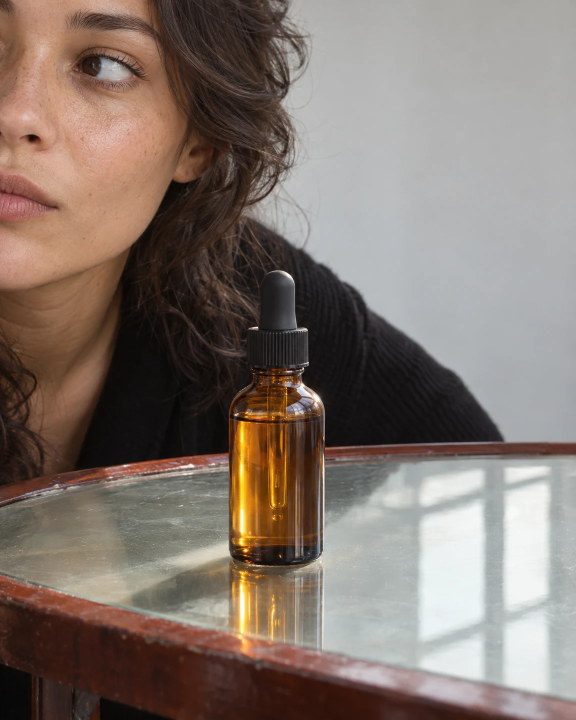 An unlabelled amber dropper bottle stands on a glass-topped table with a reddish wooden rim, in front of a closely cropped person against a pale grey wall.